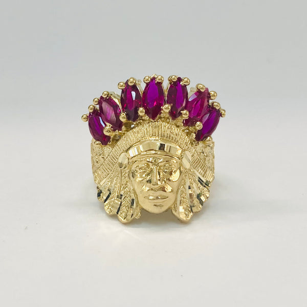Indian Chief with Synthetic Ruby's Men's Ring 10k