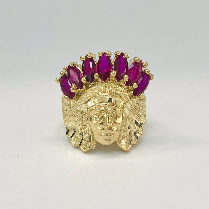 Indian Chief with Synthetic Ruby's Men's Ring 10k
